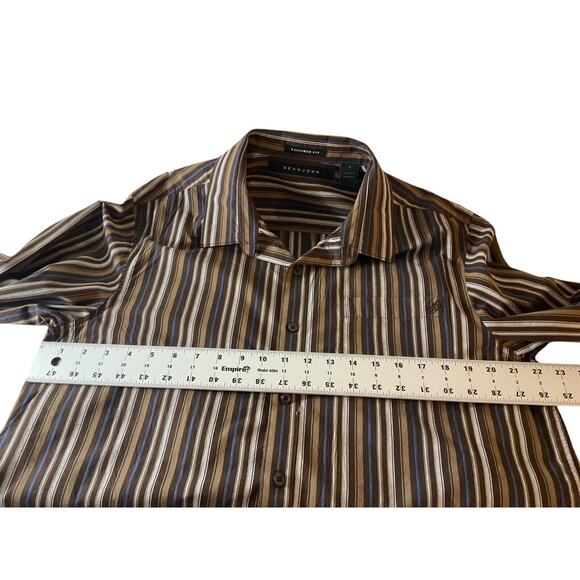 Sean John Men's XL Brown Tan Blue Shirt Striped Long Sleeve Tailored Fit Fall - Picture 4 of 9